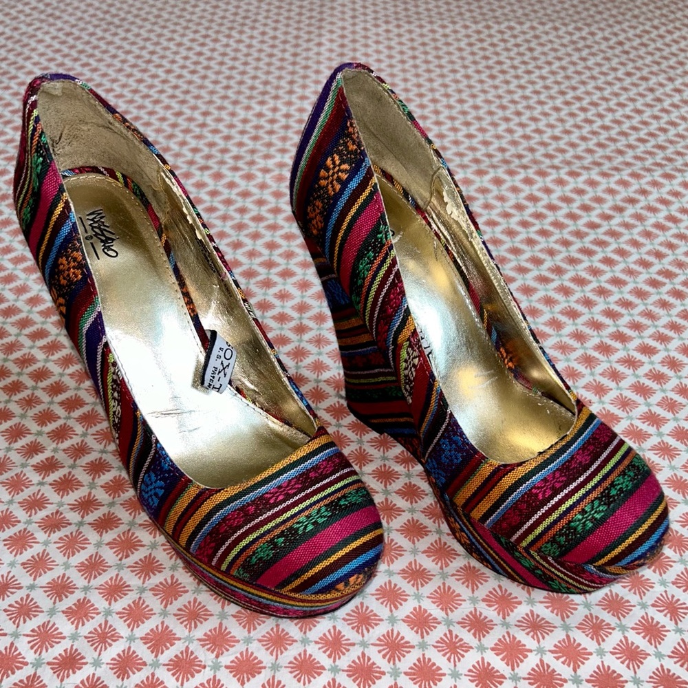 Mossimo multicolor textile Baja pattern wedge platform heels women’s size 8.5 - Picture 3 of 11